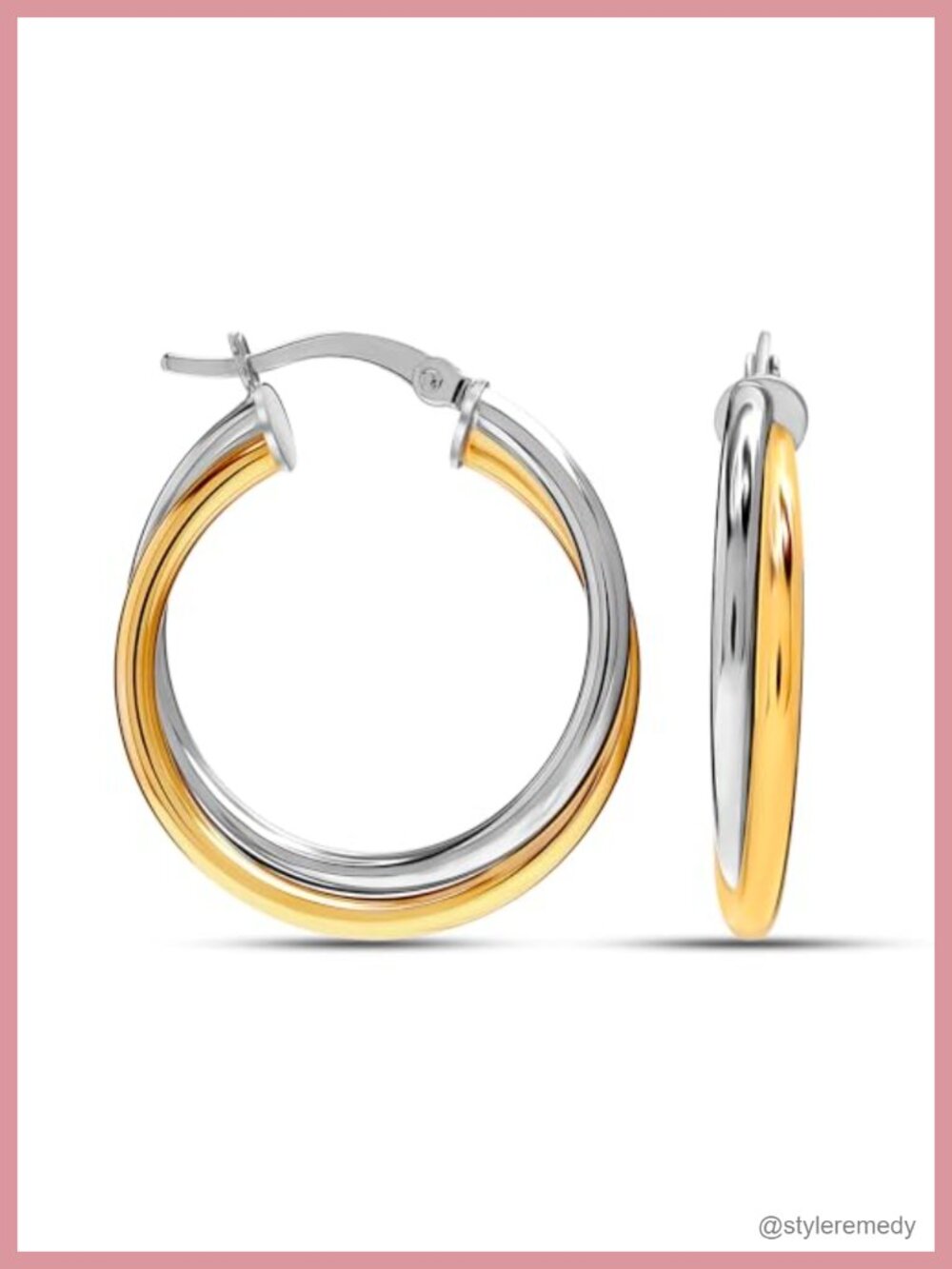 Two-Tone Three-Tone Sterling Silver Hoop Earrings Polished Italian Diamond-Cut